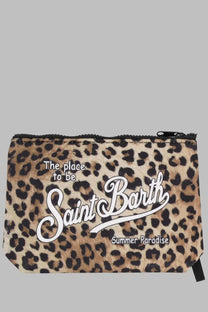 Leopard-print cosmetic bag with saint barth summer paradise text in white script mc2 saint barth men’s pochette aline pattern