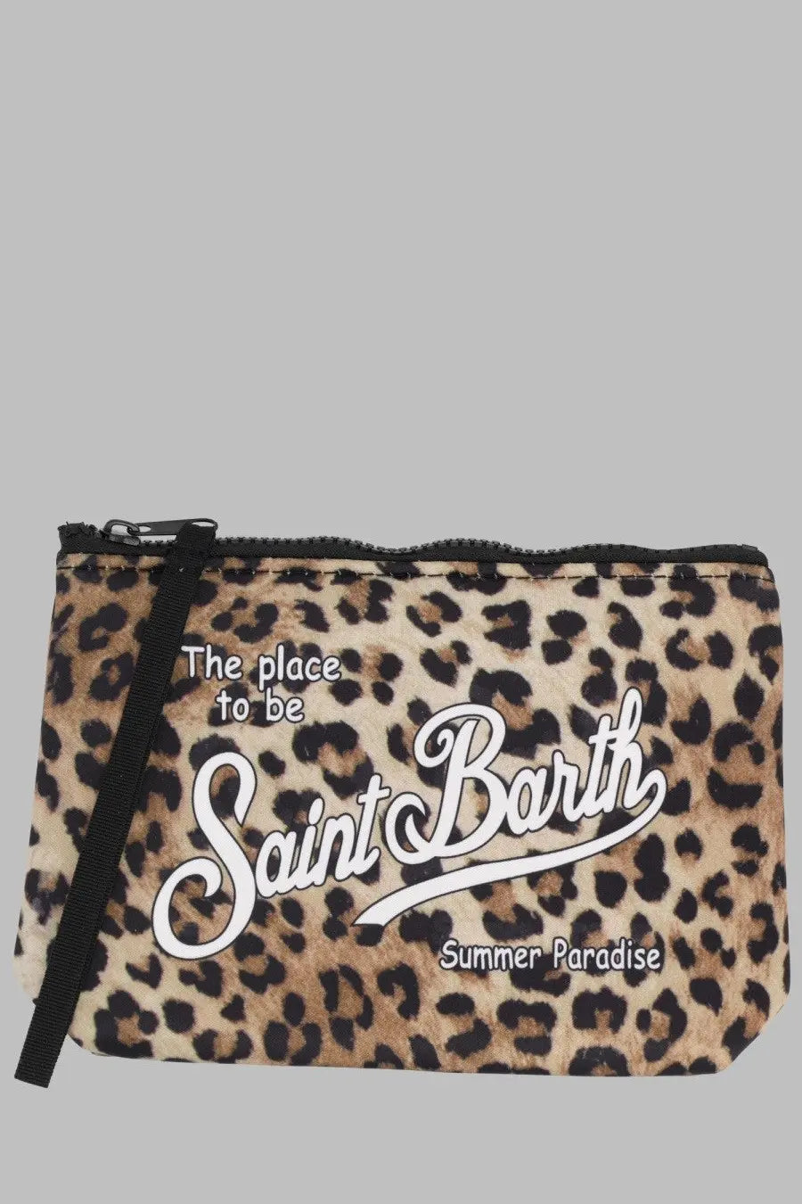 Mc2 saint barth men’s pochette aline leopard print wristlet with black zipper strap and white summer paradise logo