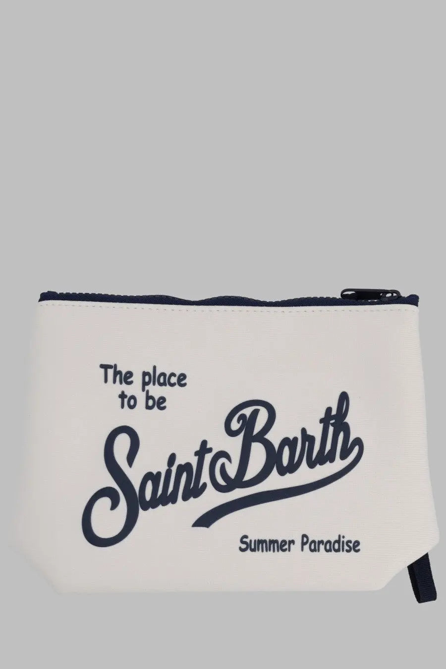 Mc2 Saint Barth men’s white canvas pochette aline with navy blue zipper and embroidered saint barth summer paradise text