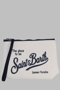 Mc2 saint barth men’s pochette aline white canvas wristlet with navy blue zipper trim strap and bold saint barth summer paradise script