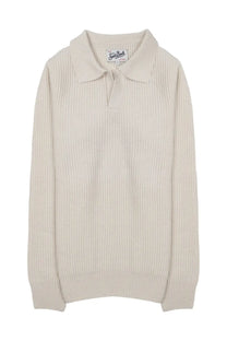 Cream-colored ribbed knit polo sweater with classic collar and button placket by Mc2 Saint Barth in beige
