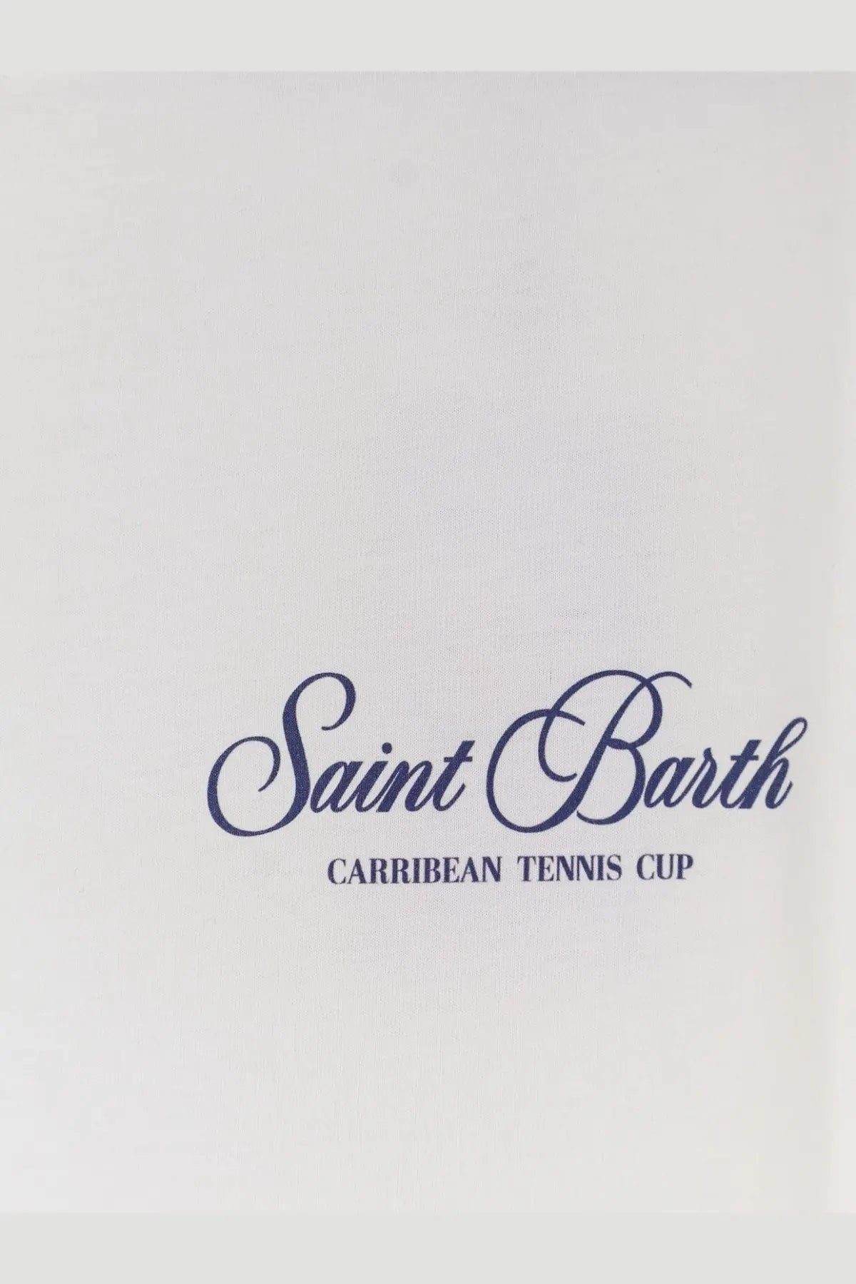 Mc2 Saint Barth men’s white cotton Portland shirt with blue cursive saint barth and black Caribbean tennis cup text