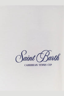 Mc2 Saint Barth men’s white cotton Portland shirt with blue cursive saint barth and black Caribbean tennis cup text