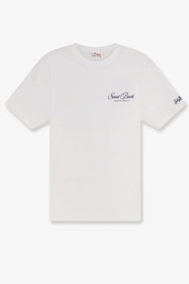 White mc2 saint barth men’s portland cotton t-shirt with subtle navy blue christian louboutin script embroidery on chest and sleeve