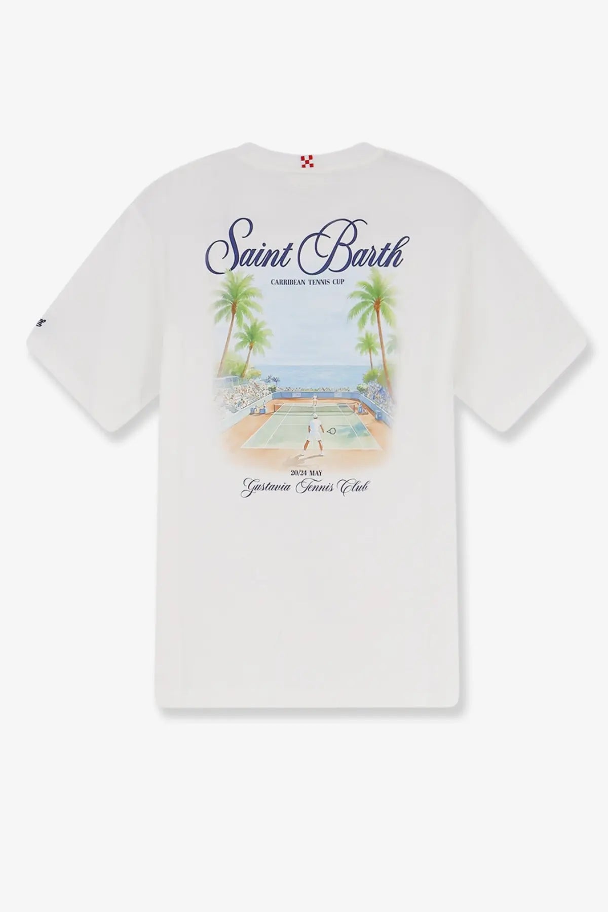 White cotton mc2 saint barth men’s t-shirt with colorful saint barthelemy caribbean tennis cup 2021 court illustration