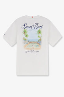 White cotton mc2 saint barth men’s t-shirt with colorful saint barthelemy caribbean tennis cup 2021 court illustration