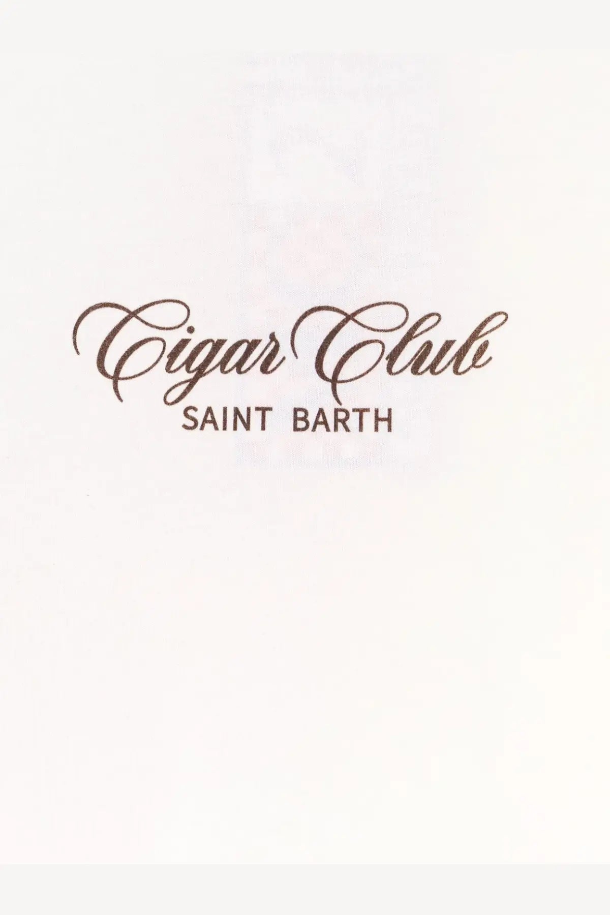 Brown cursive cigar club logo with saint barth block letters on white mc2 saint barth men’s organic cotton shirt