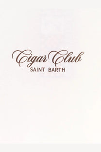 Brown cursive cigar club logo with saint barth block letters on white mc2 saint barth men’s organic cotton shirt