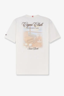 White cotton t-shirt with faded cigar club graphic print featuring text cigar club and saint barth by mc2 saint barth