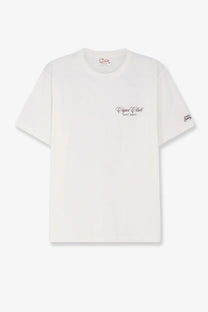 Mc2 Saint Barth men’s white Portland organic cotton t-shirt with black cursive embroidery and logo patch on sleeve