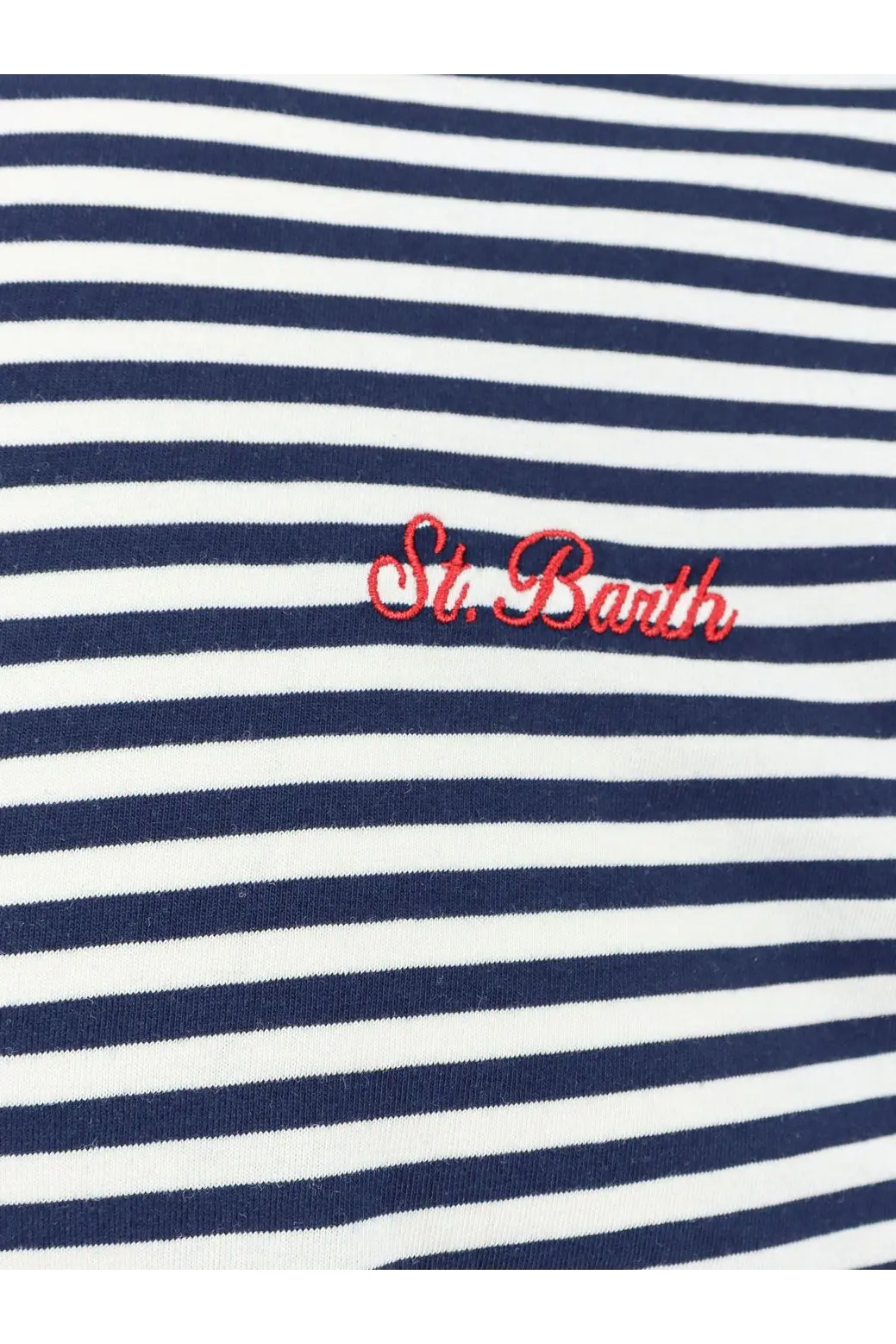 A navy and white striped cotton shirt with red embroidered st from Mc2 Saint Barth men’s Portofino collection blue