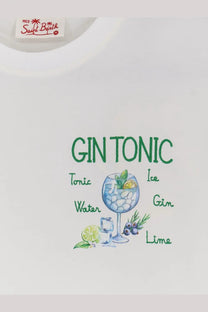 White cotton t-shirt by mc2 saint barth featuring green embroidered gin tonic graphic with illustrated ingredients