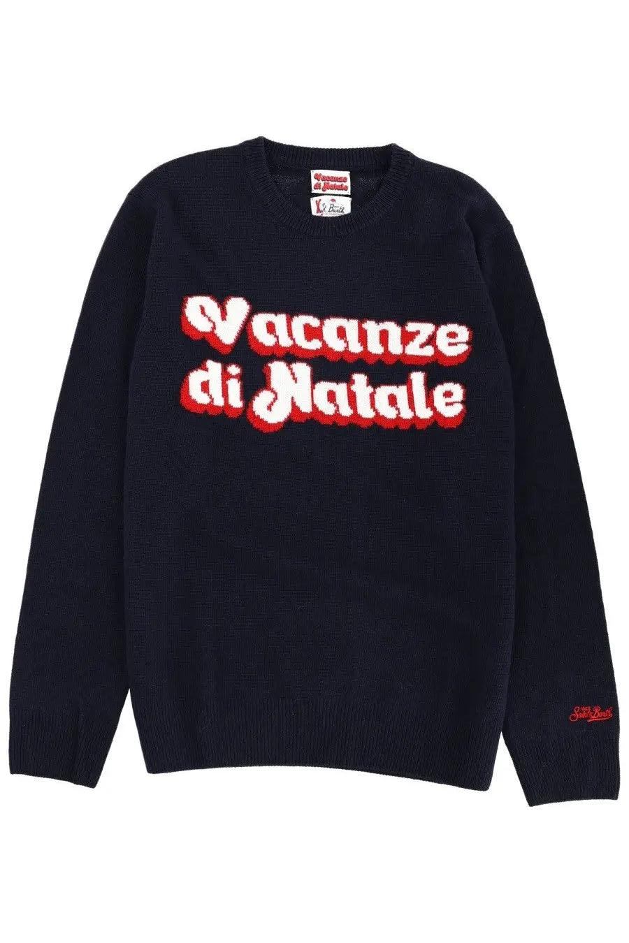 Dark navy Mc2 Saint Barth men’s knit sweater with bold red and white vacanze di natale lettering across chest