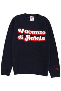 Dark navy Mc2 Saint Barth men’s knit sweater with bold red and white vacanze di natale lettering across chest
