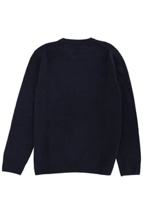 Mc2 Saint Barth men’s navy blue knit sweater with ribbed cuffs and hem featuring a printed design