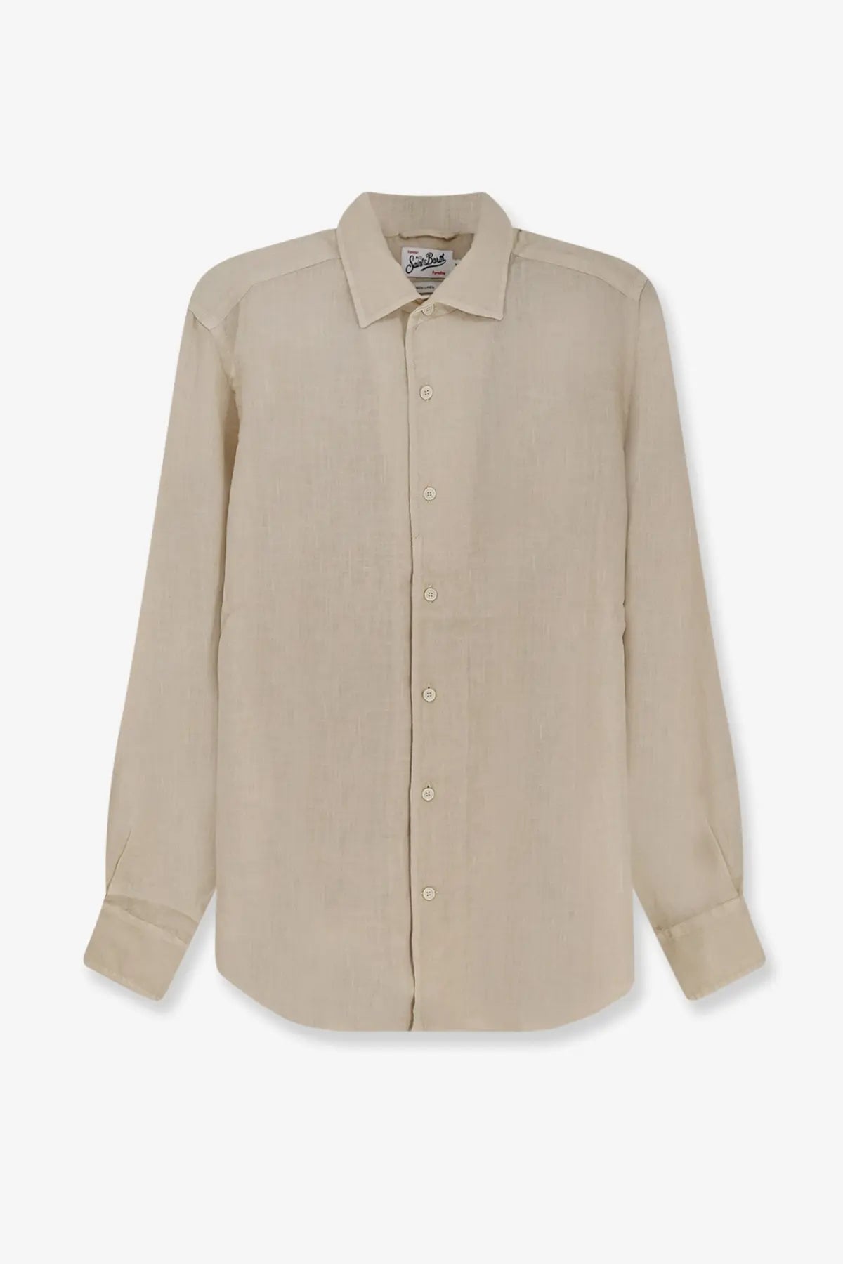 Beige long-sleeved linen button-down shirt with classic collar and matching buttons by Mc2 Saint Barth for men