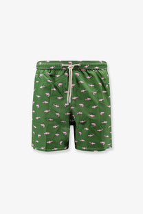 Mc2 saint barth men’s blue swim trunks in recycled material featuring green fabric with pink shark pattern and beige drawstring