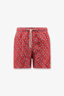Mc2 Saint Barth men’s red recycled polyester swim trunks with white and gray shark pattern and matching drawstrings