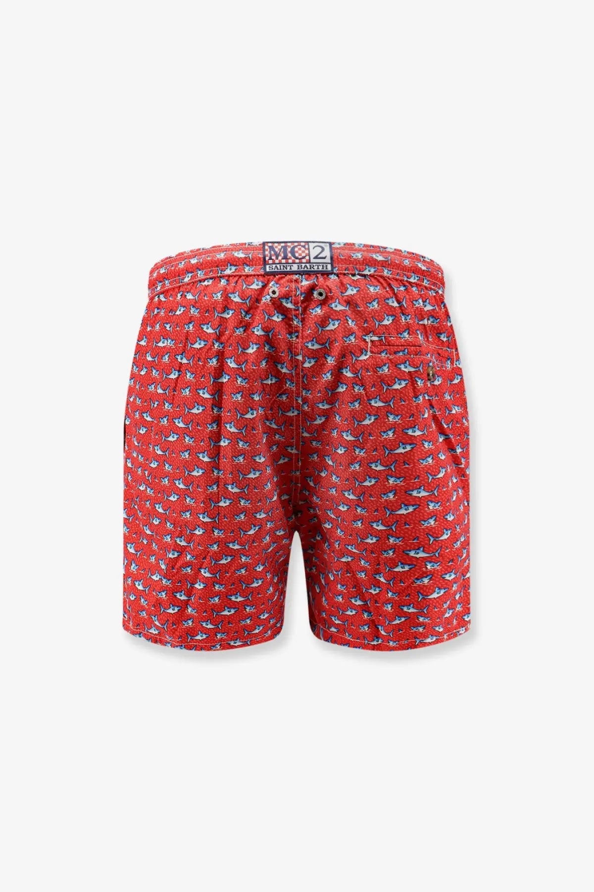 Mc2 Saint Barth men’s red recycled polyester swim trunks with white and gray shark pattern and branded waistband label