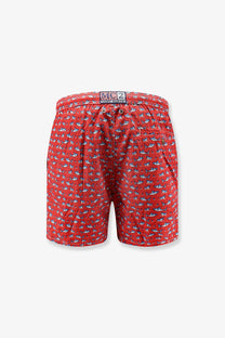 Mc2 saint barth men’s red recycled polyester swim trunks with a repeating white and gray shark pattern and branded waistband