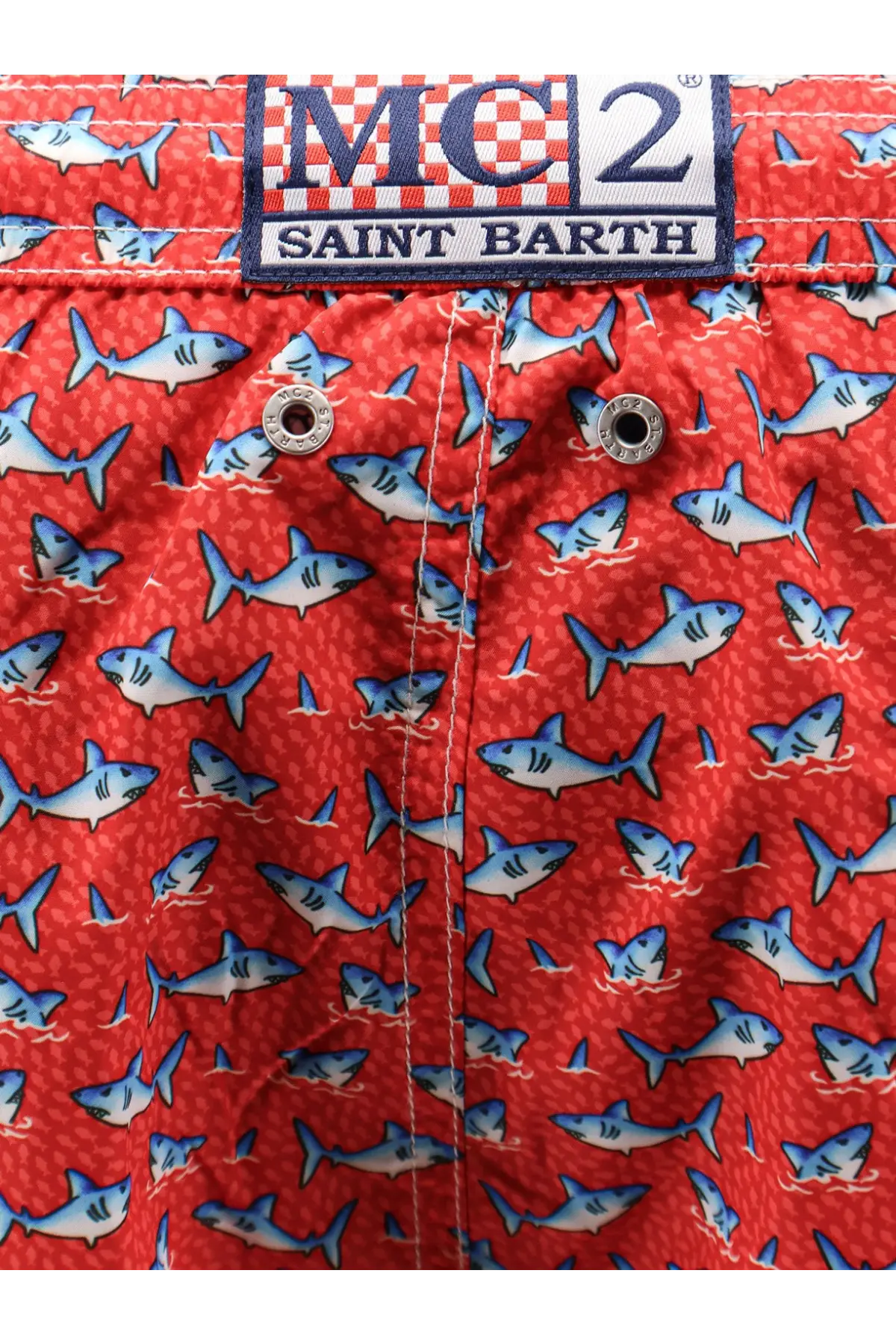 Red shark-patterned swim trunks for men by mc2 saint barth made from recycled polyester in red
