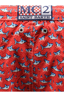 Red shark-patterned swim trunks for men by mc2 saint barth made from recycled polyester in red