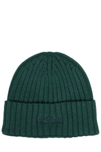 Dark green ribbed knit beanie with folded cuff and subtle embroidered logo from mc2 saint barth mens ribbed hat collection