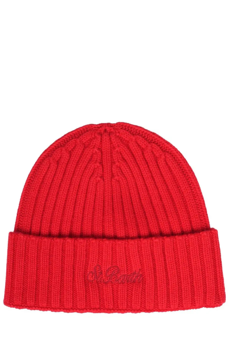 A vibrant red ribbed knit beanie with a folded cuff and subtle st detail by Mc2 Saint Barth for men