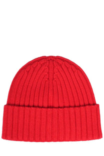 A vibrant red ribbed knit beanie with folded cuff from Mc2 Saint Barth men’s ribbed hat collection