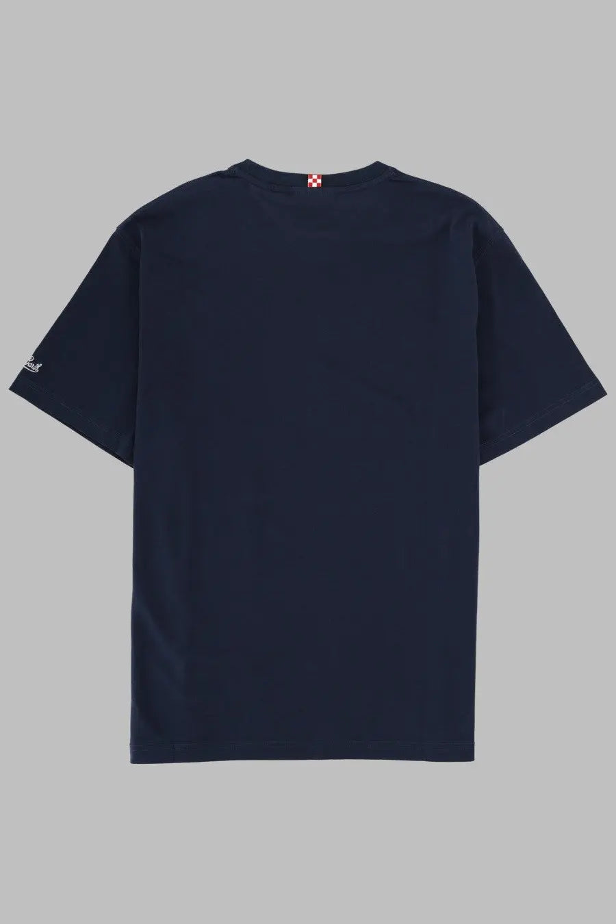 Mc2 Saint Barth men’s dark navy blue short-sleeved shirt with subtle sleeve logo and red white checkered neckline tag