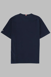 Mc2 Saint Barth men’s dark navy blue short-sleeved shirt with subtle sleeve logo and red white checkered neckline tag