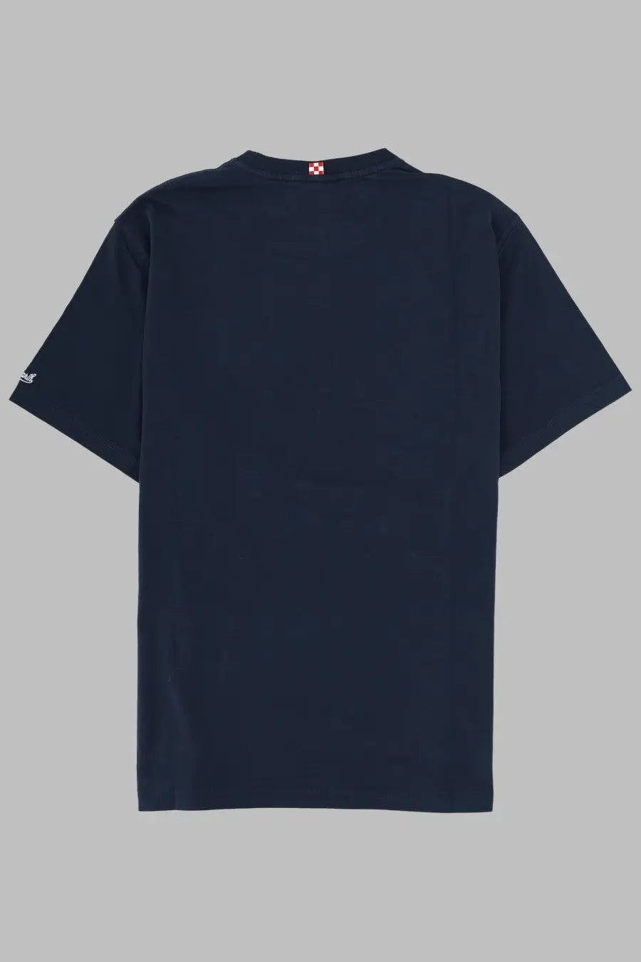 Mc2 Saint Barth men’s dark navy blue short-sleeved shirt with small white logo on left sleeve and red and white neckline tag