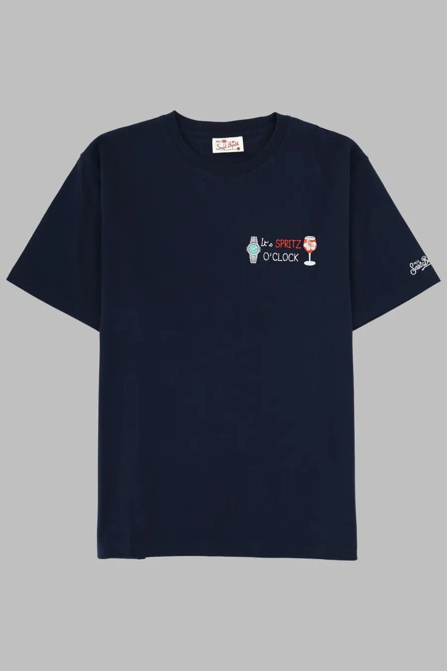 Navy blue cotton Mc2 Saint Barth men’s t-shirt with embroidered watch and wine glass graphic reading its spritz oclock