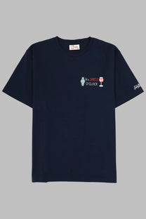 Navy blue cotton Mc2 Saint Barth men’s t-shirt with embroidered watch and wine glass graphic reading its spritz oclock