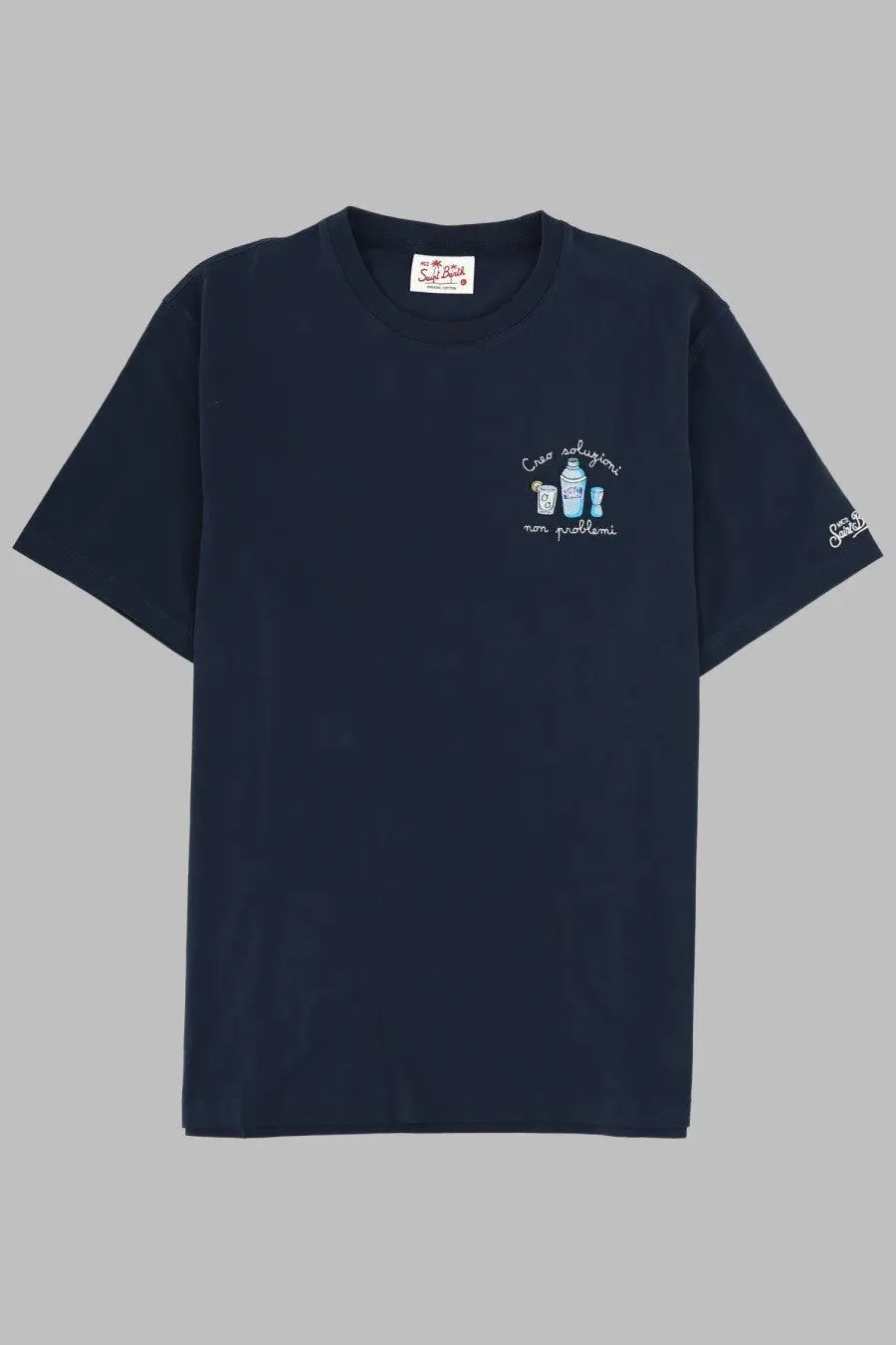 Navy blue Mc2 Saint Barth men’s short-sleeved shirt with embroidered cocktail glasses and cocktail solutions not problems text