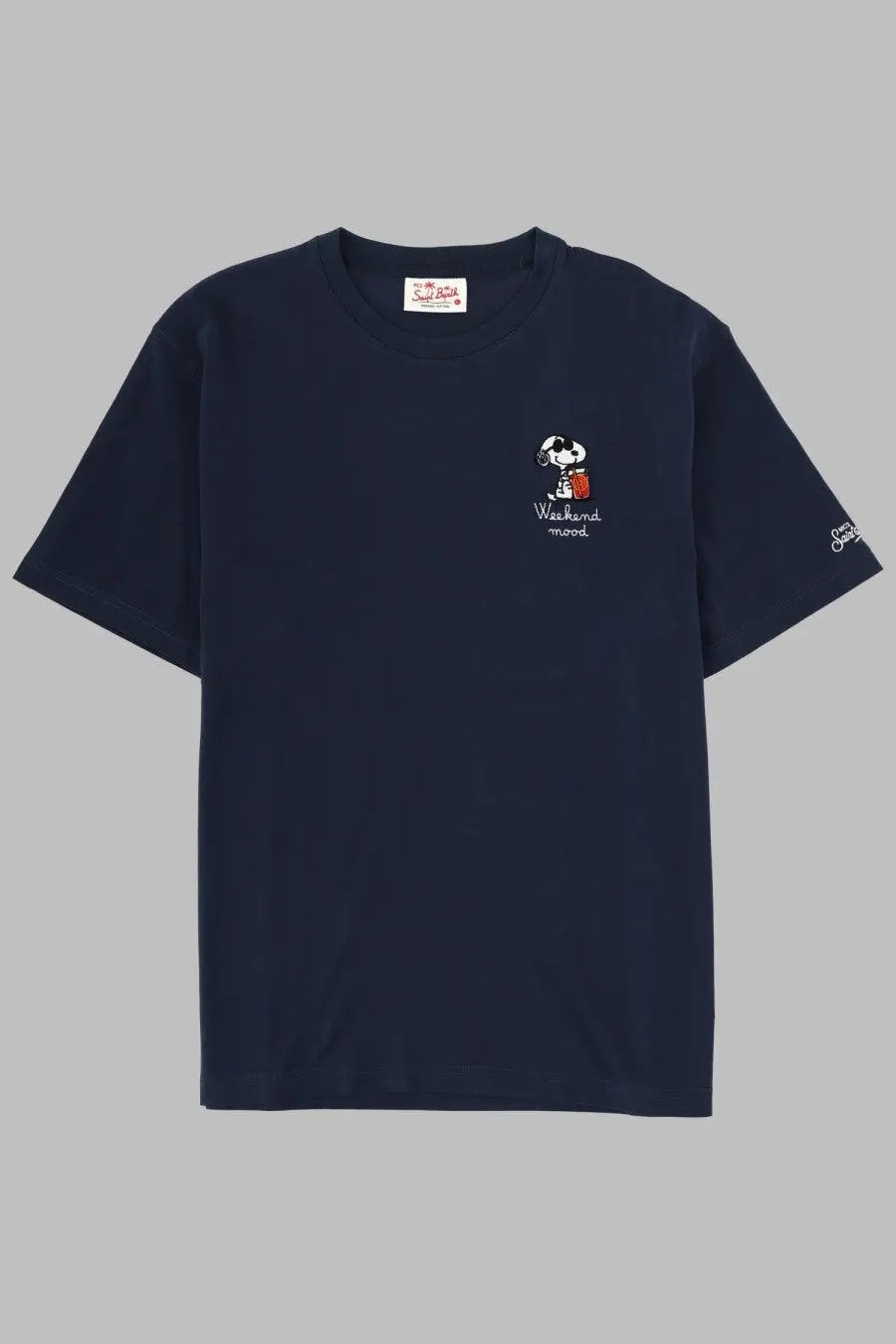 Mc2 Saint Barth men’s navy blue short-sleeved cotton t-shirt with white embroidered Snoopy and weekend mood text