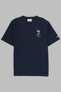 Mc2 Saint Barth men’s navy blue short-sleeved cotton t-shirt with white embroidered Snoopy and weekend mood text