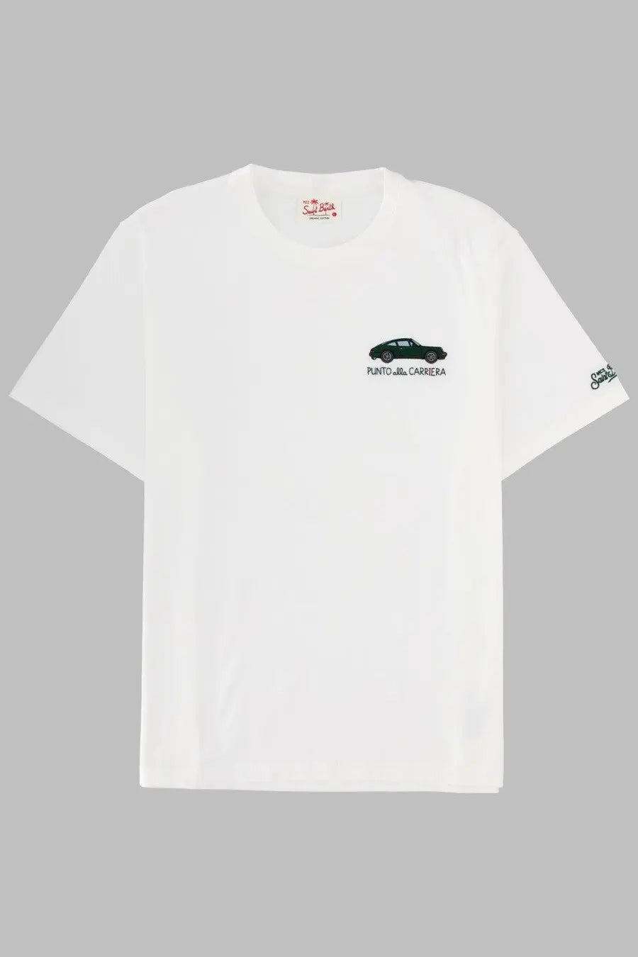 White cotton t-shirt with black embroidered porsche 914-5 and punto del carrera text by mc2 saint barth men