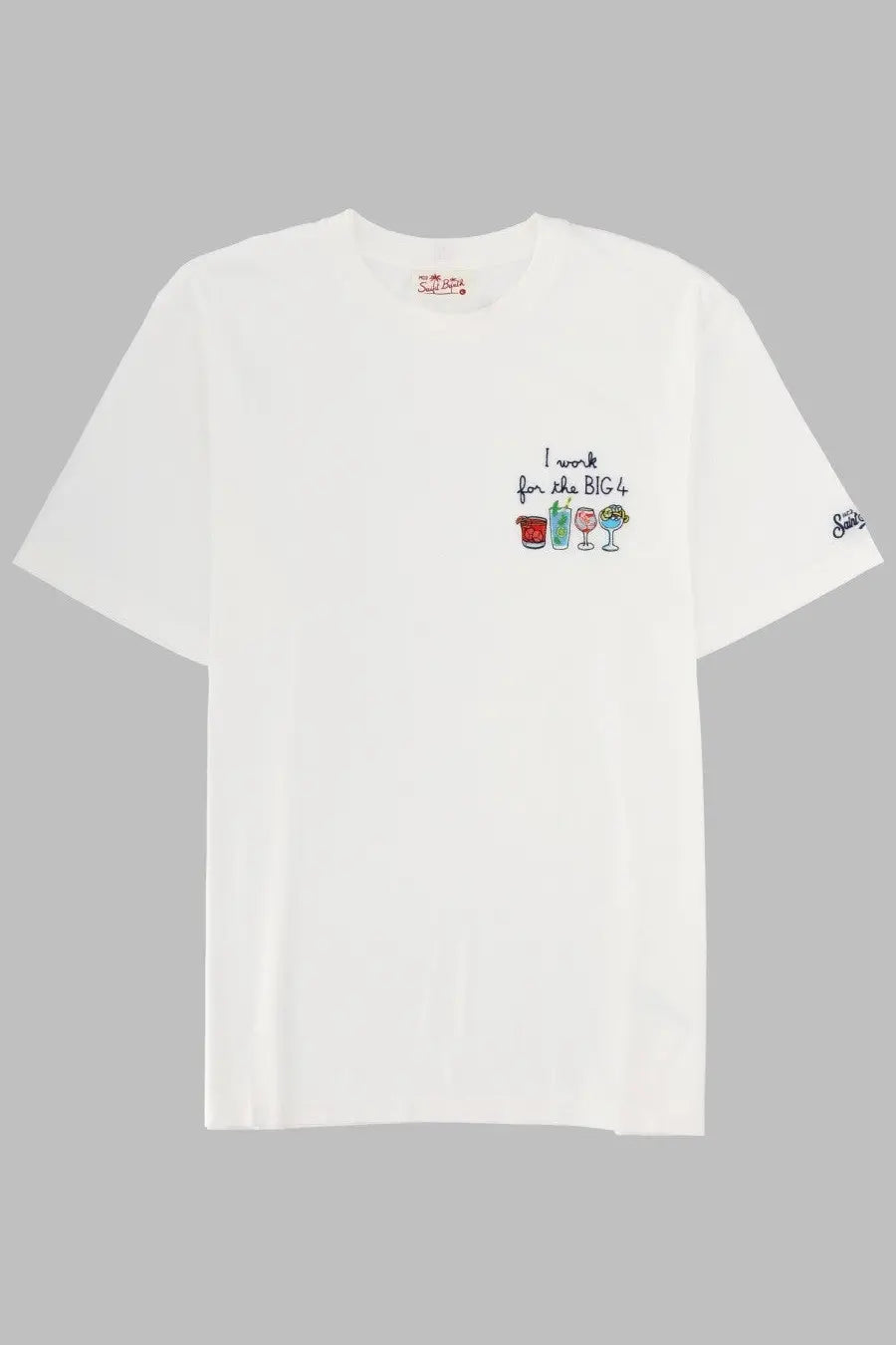 Mc2 Saint Barth men’s white cotton t-shirt with colorful embroidered drinks graphic and i work for the big 4 text on chest