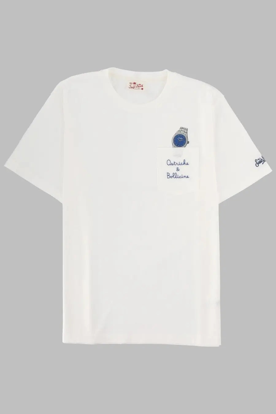 Mc2 Saint Barth men’s white cotton t-shirt with embroidered blue face silver casing watch and patriche &amp; bollicine text