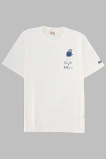 Mc2 Saint Barth men’s white cotton t-shirt with embroidered blue face silver casing watch and patriche &amp; bollicine text