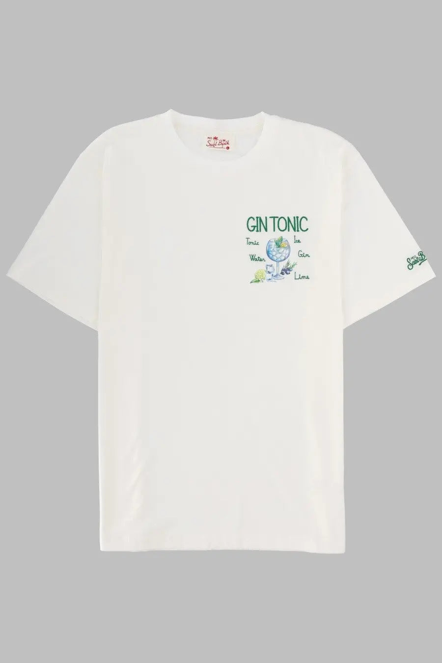 Off-white cotton Mc2 Saint Barth men’s t-shirt with green and blue gin tonic graphic and illustrated ingredients