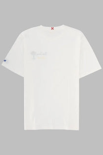 Mc2 Saint Barth men’s white cotton t-shirt with subtle faded graphic on chest and small logo patch near collar