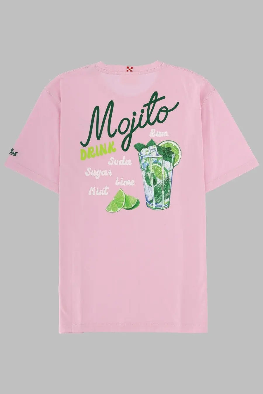 Pink short-sleeved t-shirt by Mc2 Saint Barth featuring a colorful mojito graphic with lime and mint illustration