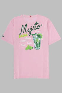Pink short-sleeved t-shirt by Mc2 Saint Barth featuring a colorful mojito graphic with lime and mint illustration