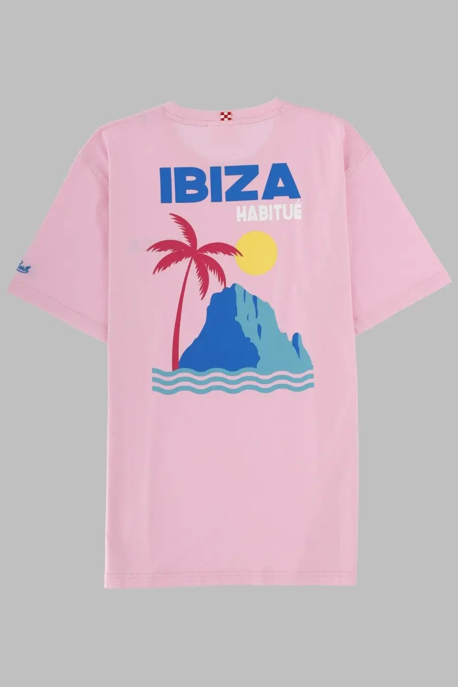 Mc2 Saint Barth men’s pink short-sleeved t-shirt with vibrant palm tree graphic and ibiza print on front