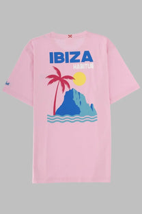 Mc2 Saint Barth men’s pink short-sleeved t-shirt with vibrant palm tree graphic and ibiza print on front