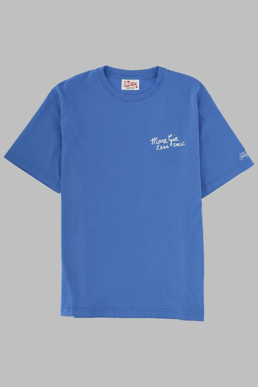 A vibrant blue cotton t-shirt by mc2 saint barth with white embroidered text on chest and sleeve