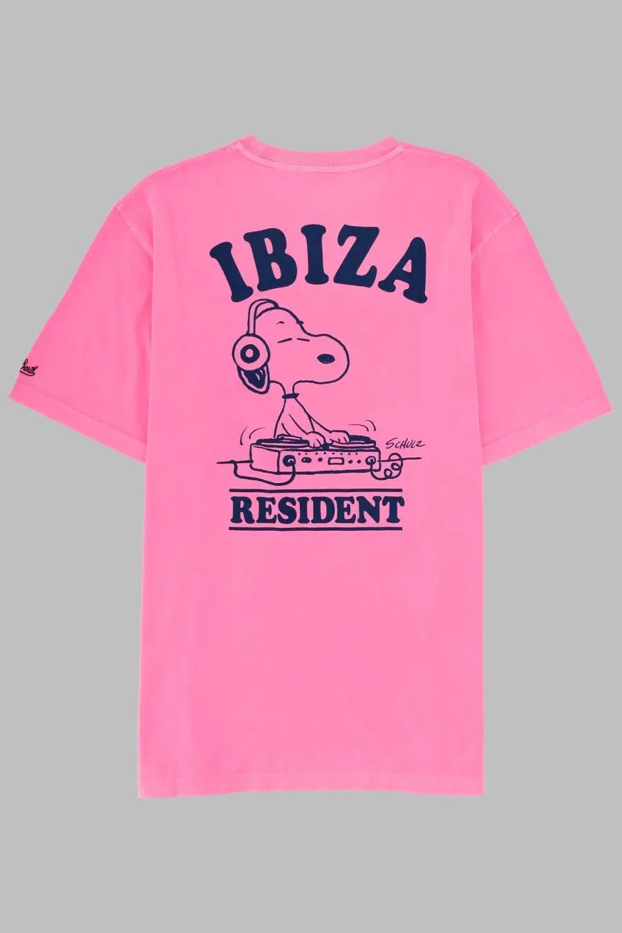 Mc2 Saint Barth men’s vibrant pink short-sleeved shirt with navy Snoopy DJ graphic and Ibiza resident text in blue