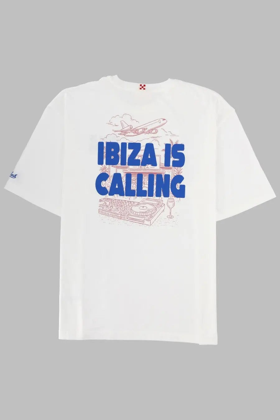 Mc2 Saint Barth men’s white cotton t-shirt with bold blue ibiza is calling graphic and pink airplane palm tree dj art
